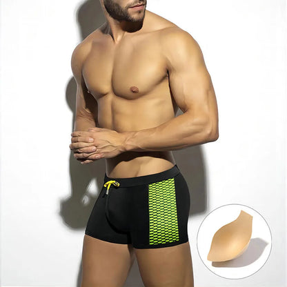 Men's yellow and black polka dot quick-dry swimming boxers with a briefs-style 3D contour fit.