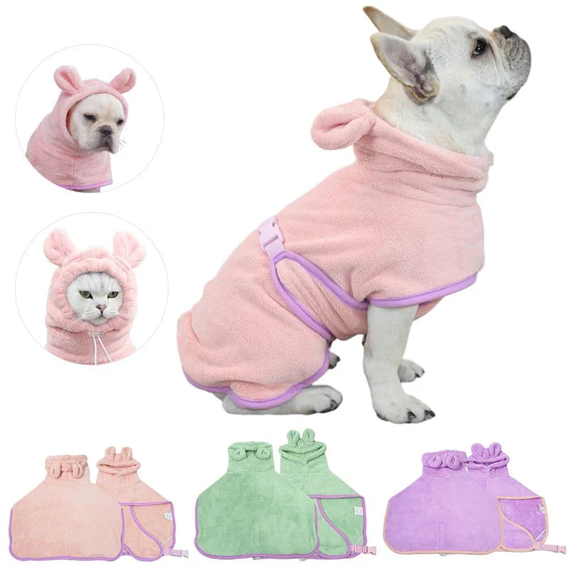 Adjustable dog bathrobe in coral fleece for quick drying, available in multiple colours and sizes