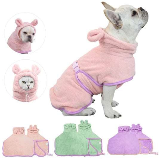Adjustable dog bathrobe in coral fleece for quick drying, available in multiple colours and sizes