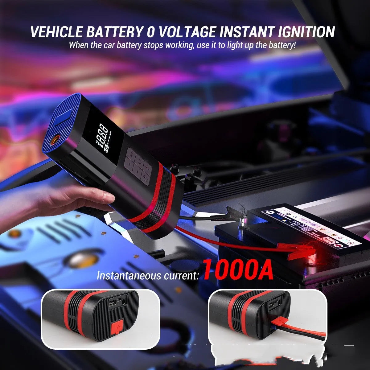 Black wireless portable 100W car jump starter power bank with jumper pins and charging cables on a table.