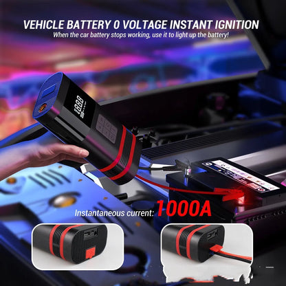 Black wireless portable 100W car jump starter power bank with jumper pins and charging cables on a table.