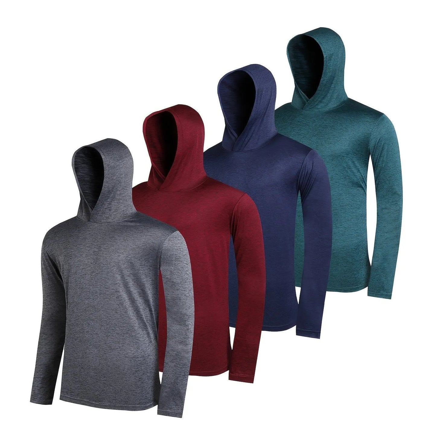 Four coordinated men's hoodies in lightweight elastic polyester fabric showing hooded and non-hooded style options
