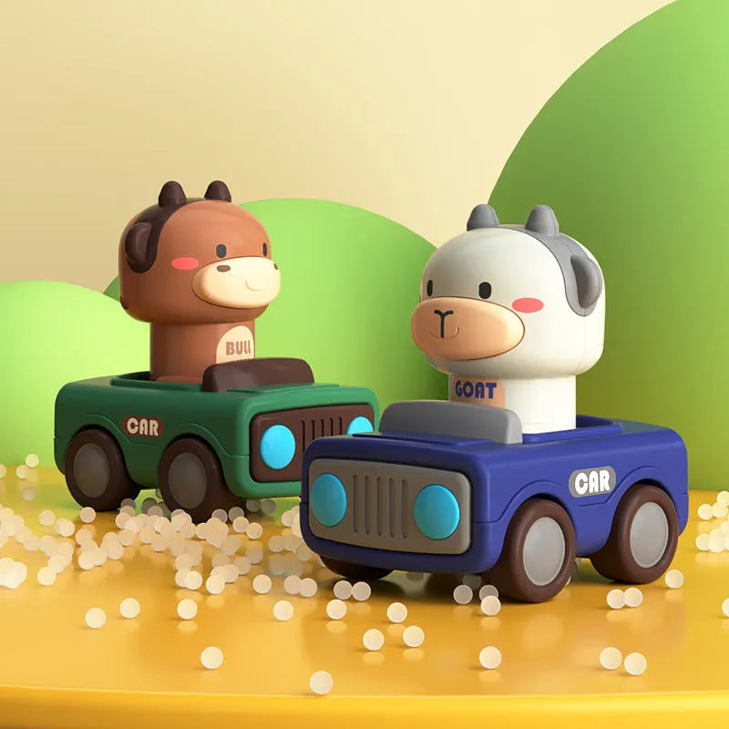 Plastic pressing animal car toy in yellow deer, orange calf, blue lamb, and green calf colours