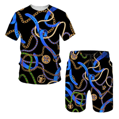 Man wearing a chain pattern digital printed short sleeve T-shirt with matching shorts, summer leisure set.