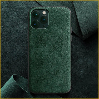 Suede iPhone case in dark blue colour showing full-cover protection design