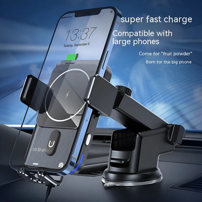 Black 15W wireless car charger phone holder showing clip and suction cup bracket options.
