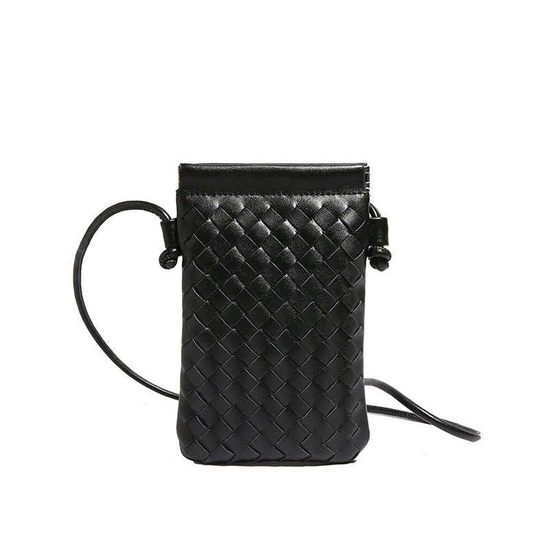Vintage weave crossbody phone bag in pu leather showing vertical square design and dark cell interior