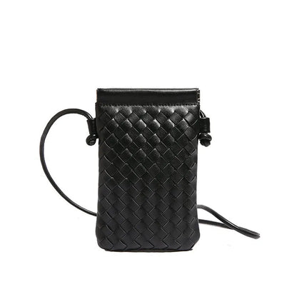 Vintage weave crossbody phone bag in pu leather showing vertical square design and dark cell interior