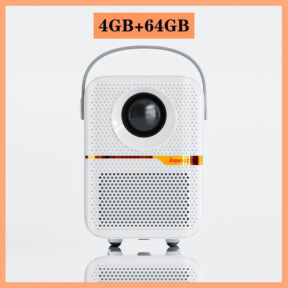 Black P10 2023 mini portable LCD projector with Android OS on a wooden table.