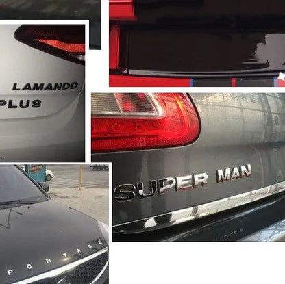 Metal zinc alloy car bumper sticker letters showing 3D design in black and silver finishes