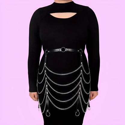 Black PU leather waist chain with adjustable buckle and metal chain detailing