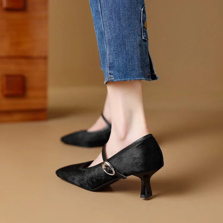 Women's black square toe stiletto ankle-strap shoes with horse hair upper and buckle fastening