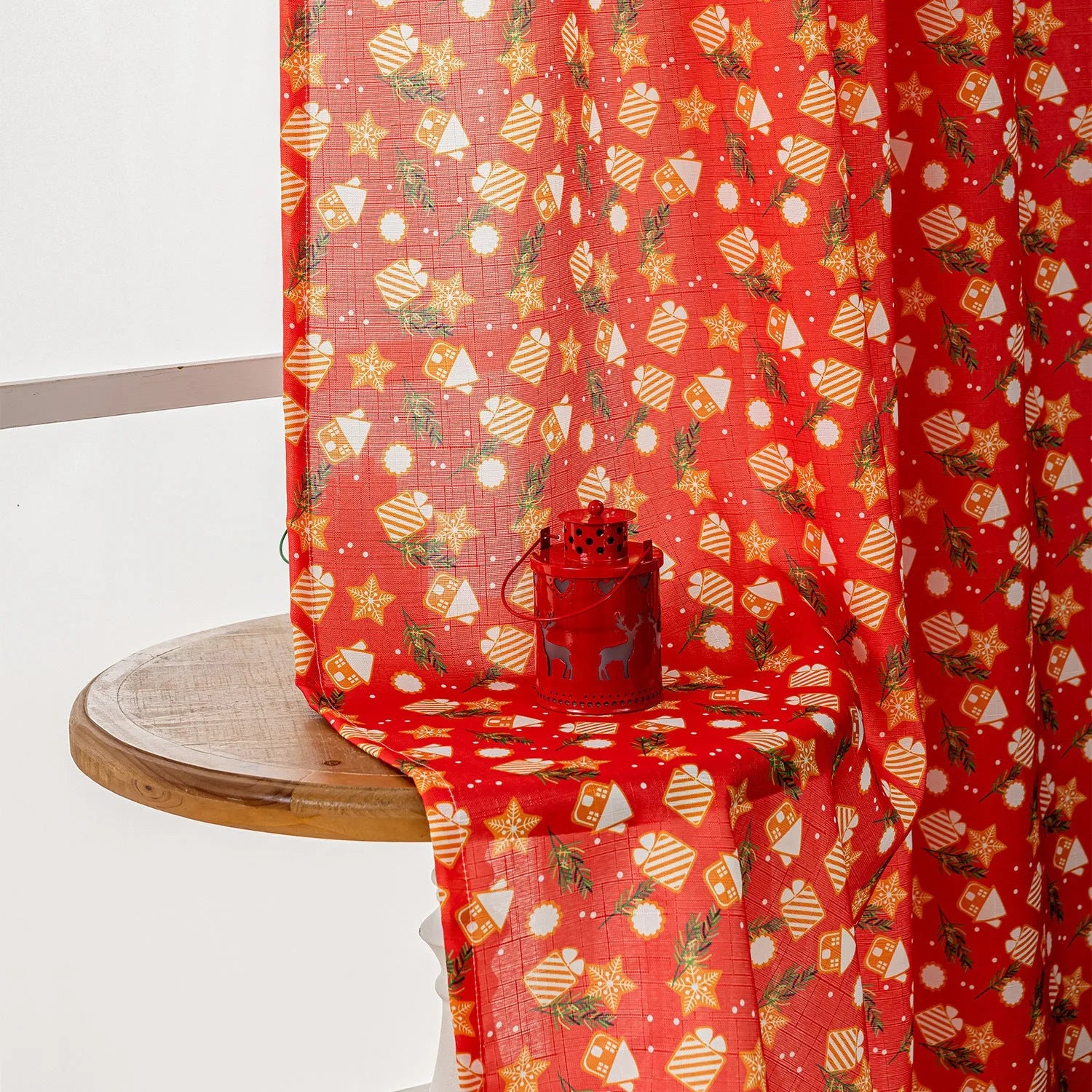 Christmas Snowman Angel Print Curtain showing festive cartoon pattern with 1 metre measurement and semi-sun shade function