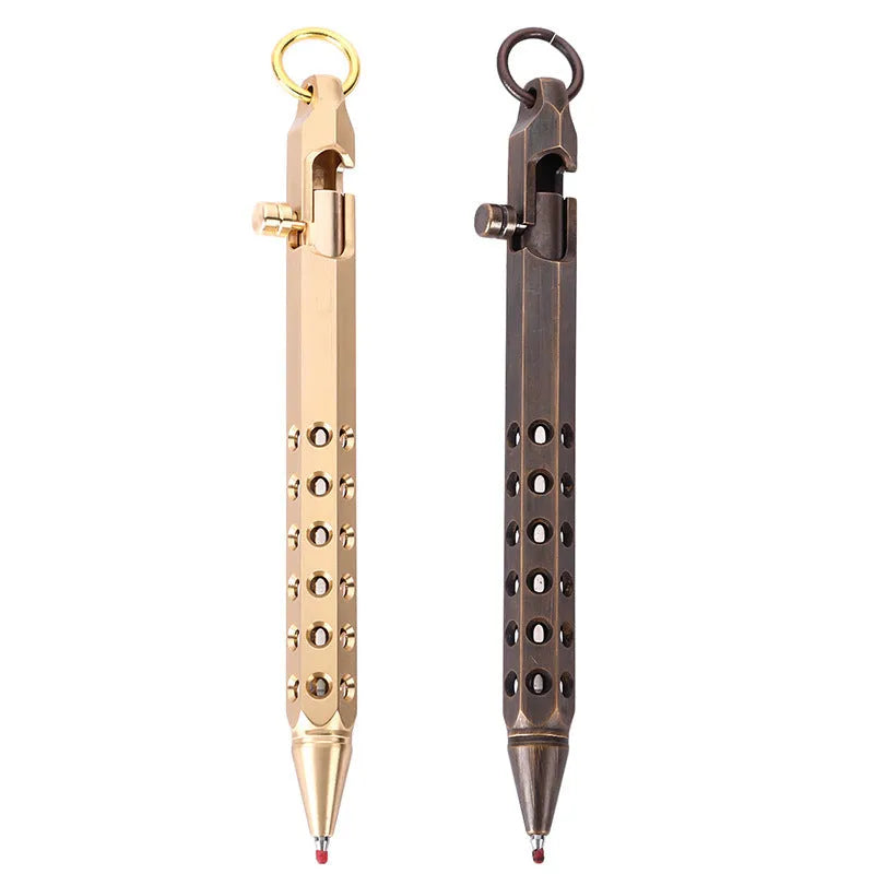 Brass hexagonal bolt pen with retro design showing 6-angle construction and 0.5mm writing tip