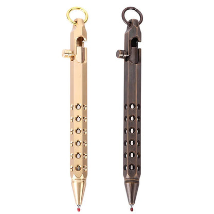 Brass hexagonal bolt pen with retro design showing 6-angle construction and 0.5mm writing tip