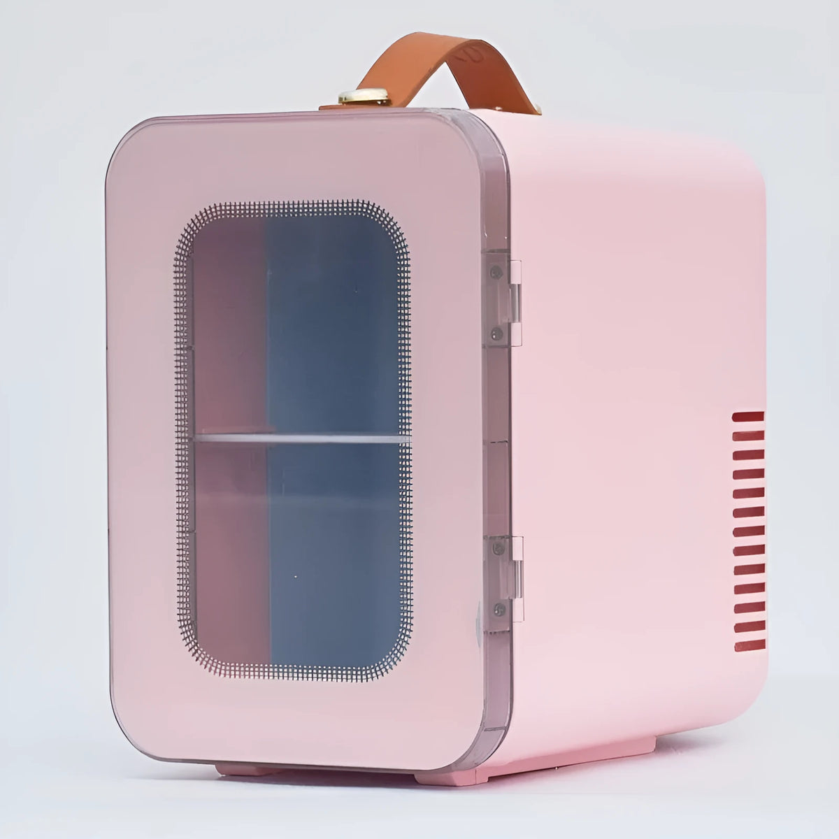 Pink mini refrigerator with transparent door showing 6L capacity for car and home hot cold dual use