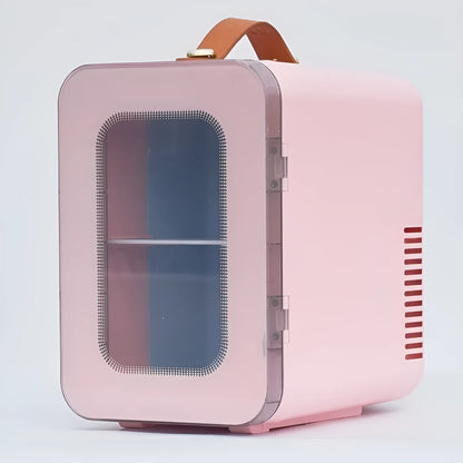 Pink mini refrigerator with transparent door showing 6L capacity for car and home hot cold dual use