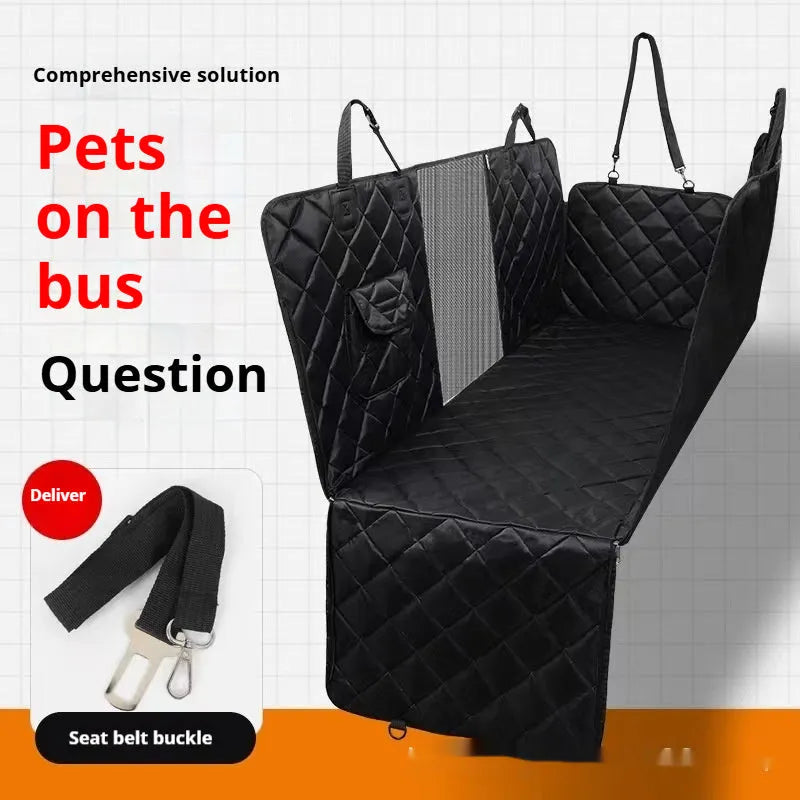 Pet car cushion with anti-dirty mat for dogs, available in black with mesh seat, black without mesh seat, or upgraded top with grey fabric, suitable for vehicle protection and pet comfort during travel