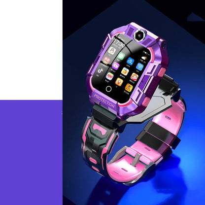 Green children's smartwatch phone with GPS on a silicone wristband, showing touchscreen and camera.