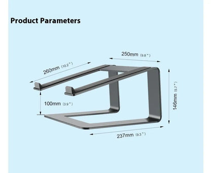 Black aluminium alloy laptop stand on a desk, showing its raised platform and open base design.