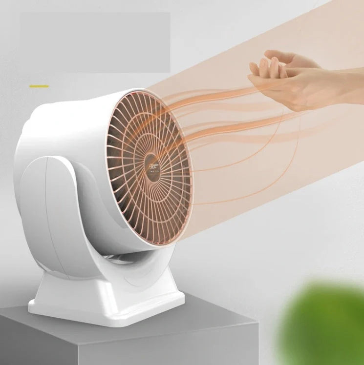 Desktop Mini Mute Household Heater in white and pink, compact size with fast heating