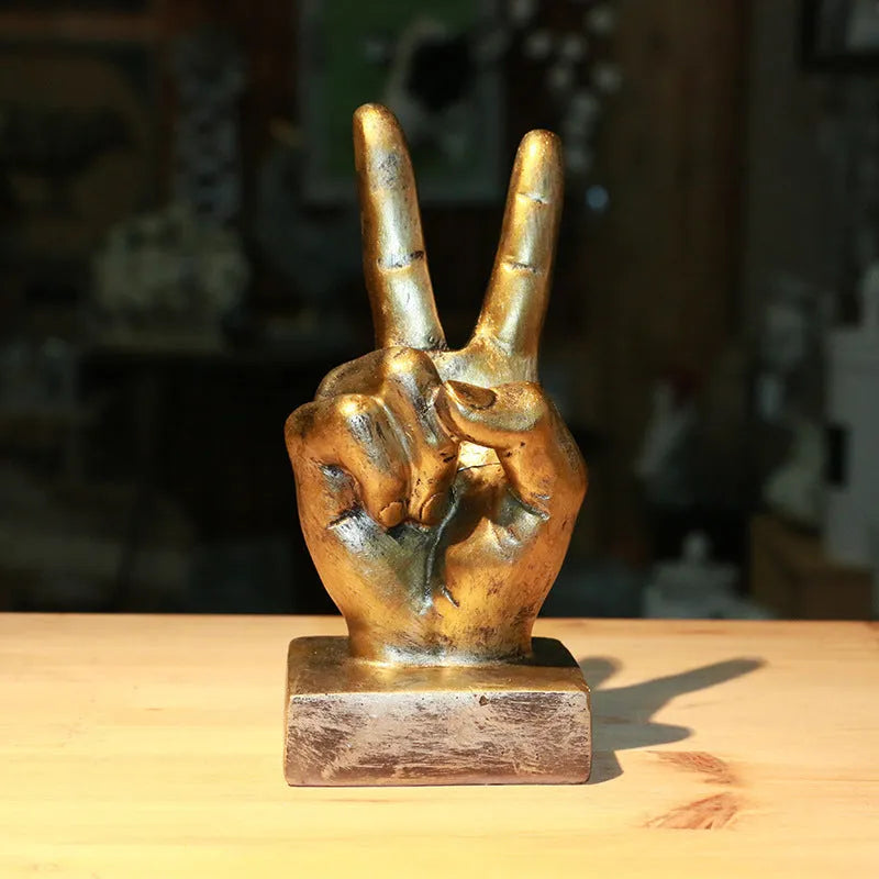 Resin gesture ornament in bronze finish showing hand making OK sign, 10cm tall desktop decoration
