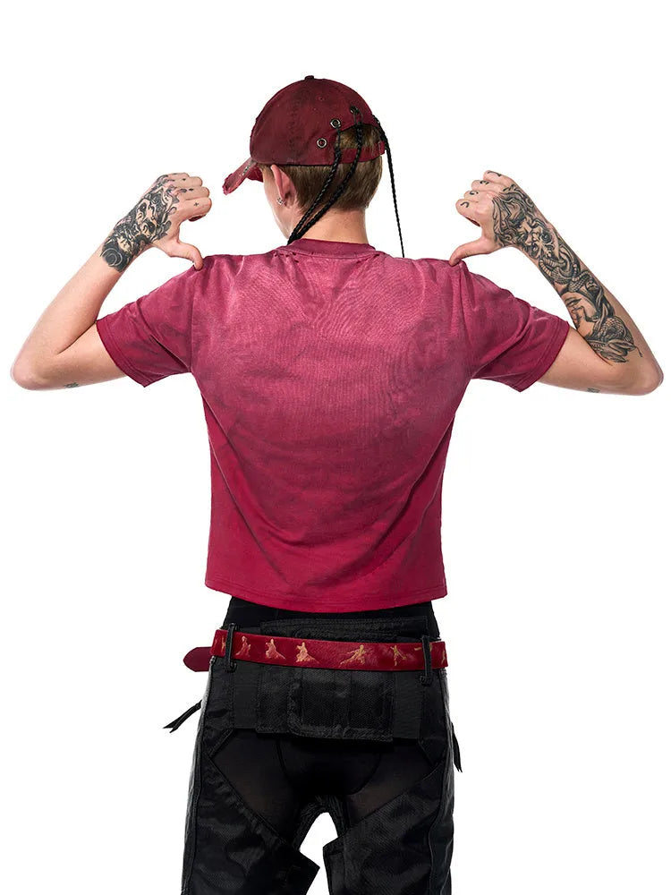 Red men's slim-fit T-shirt with dirty wash distressed styling and round neck collar