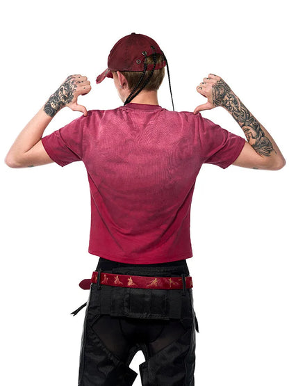 Red men's slim-fit T-shirt with dirty wash distressed styling and round neck collar