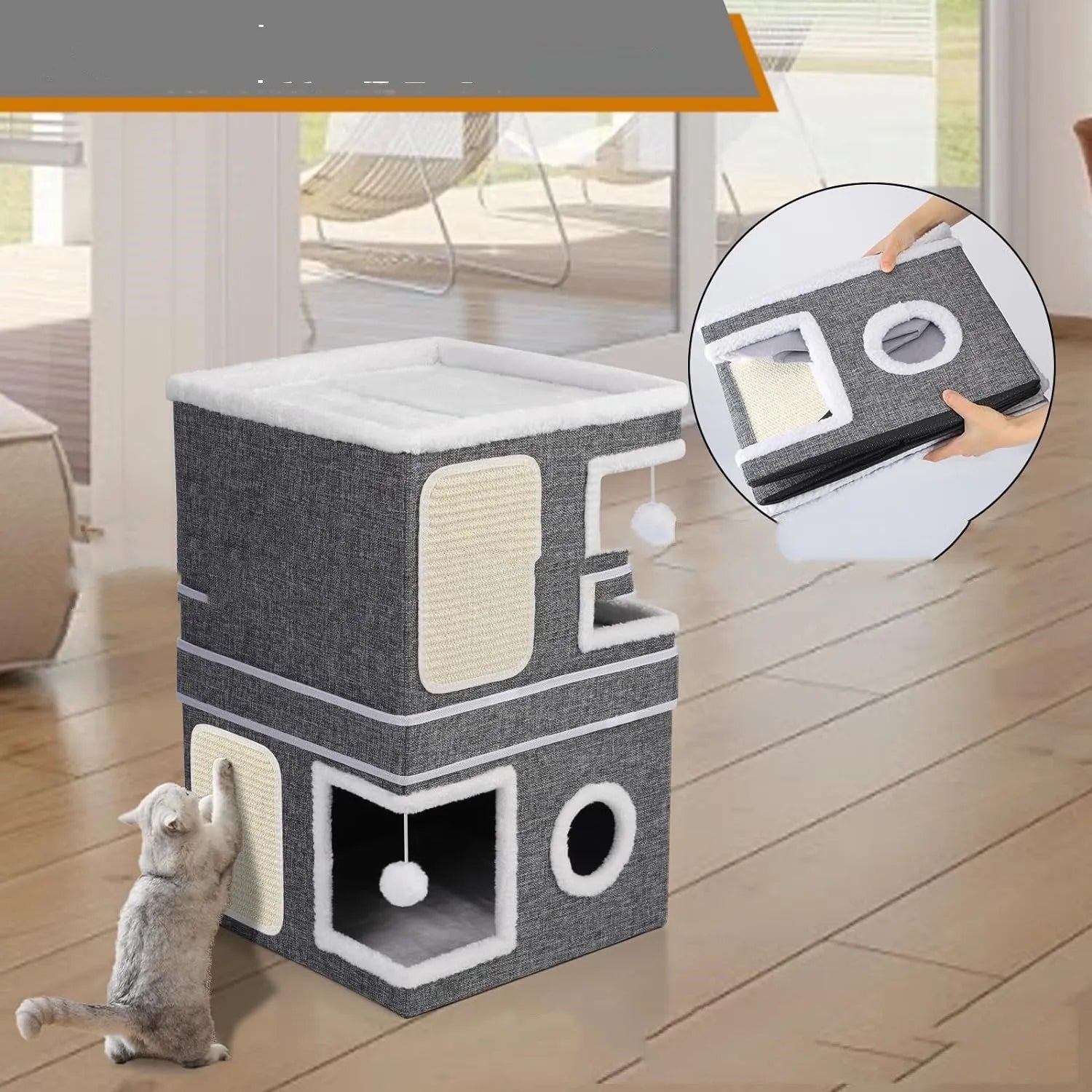 Dark grey foldable three-layer pet nest measuring 40cm by 40cm by 61cm