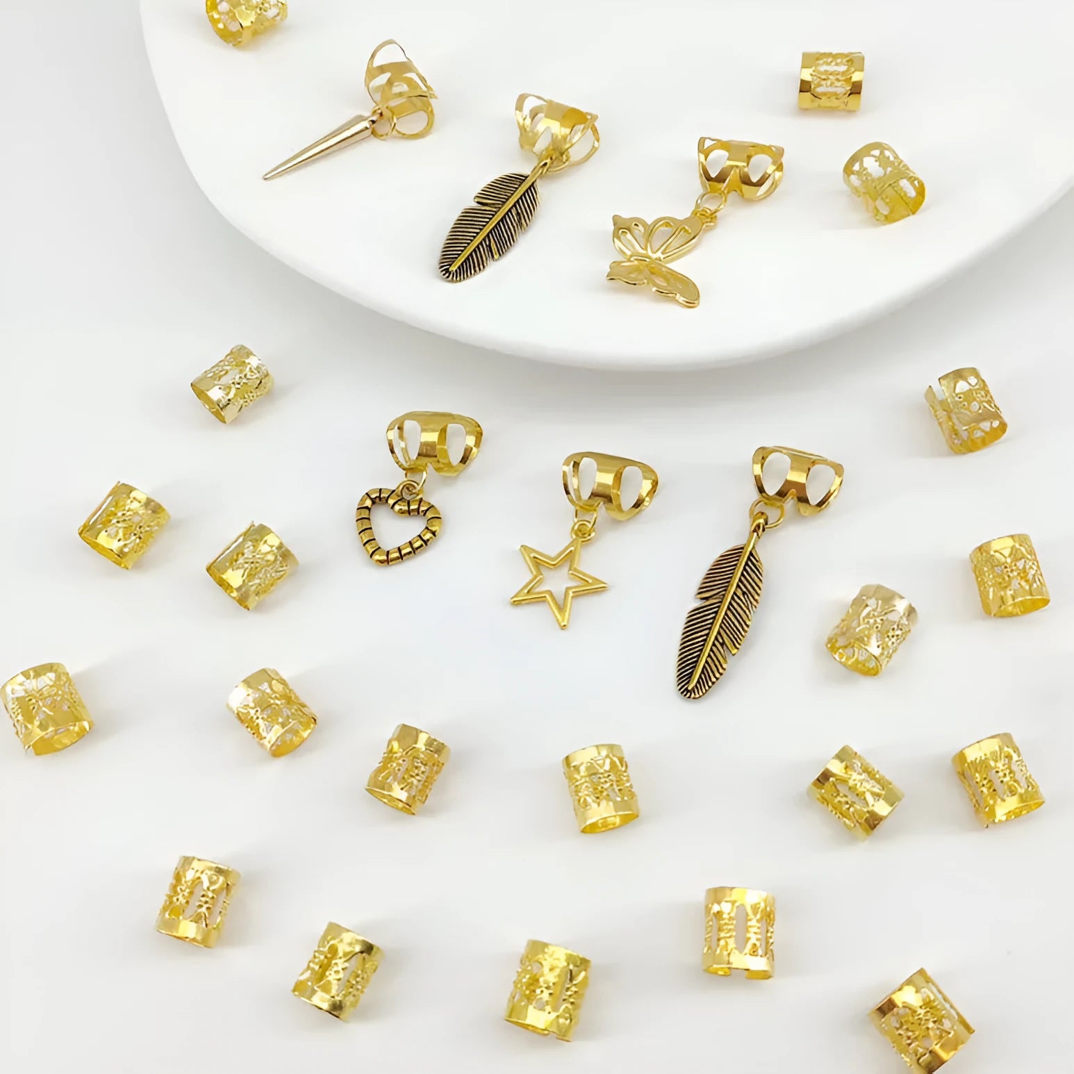 Pack of 26 antique-style dirty braid hair rings in alloy metal with gold electroplated finish.