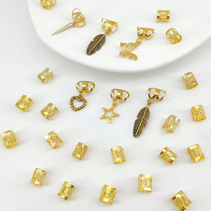 Pack of 26 antique-style dirty braid hair rings in alloy metal with gold electroplated finish.