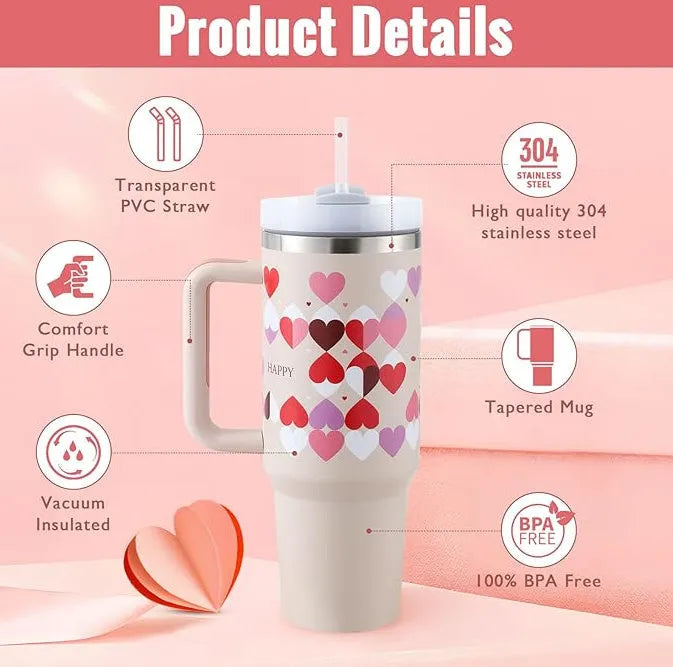 40oz stainless steel tumbler with handle and straw in various colour options showing tapered shape and spill-proof lid