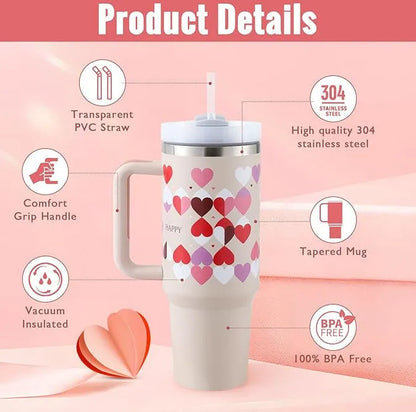 40oz stainless steel tumbler with handle and straw in various colour options showing tapered shape and spill-proof lid