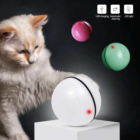 Robotic ball with LED lights and automatic 360-degree rotation, designed to captivate and entertain cats