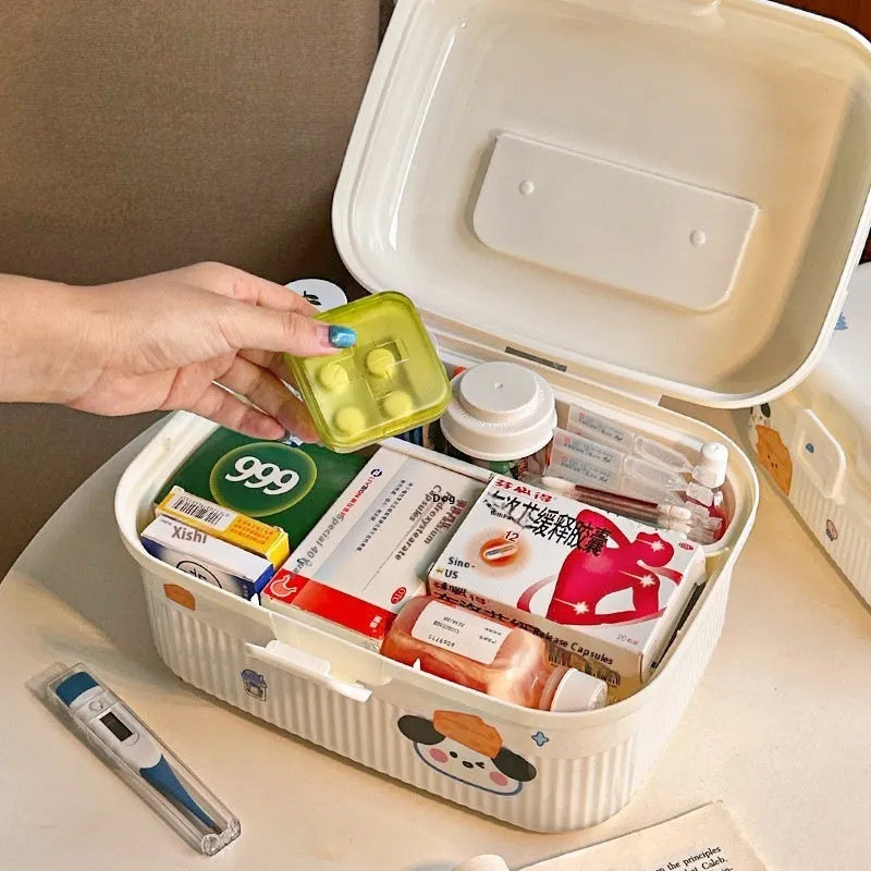 A white double-layer plastic storage box with large capacity, shown with a selection of large, medium, and small stickers.