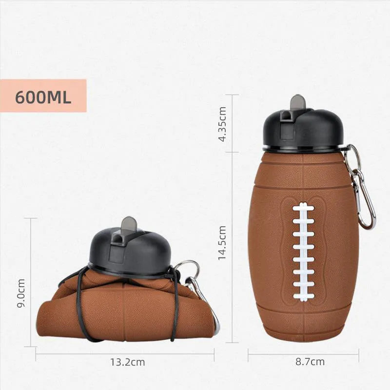 Brown rugby ball shaped collapsible 600ml sports water bottle with wide neck