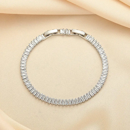 Women's rectangular geometric brass bracelet with full diamond zircon inlay in champagne gold colour