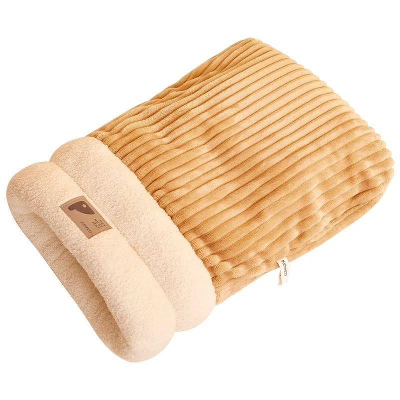 Semi-enclosed plush pet sleeping bag in brown, grey or white, sizes L and M