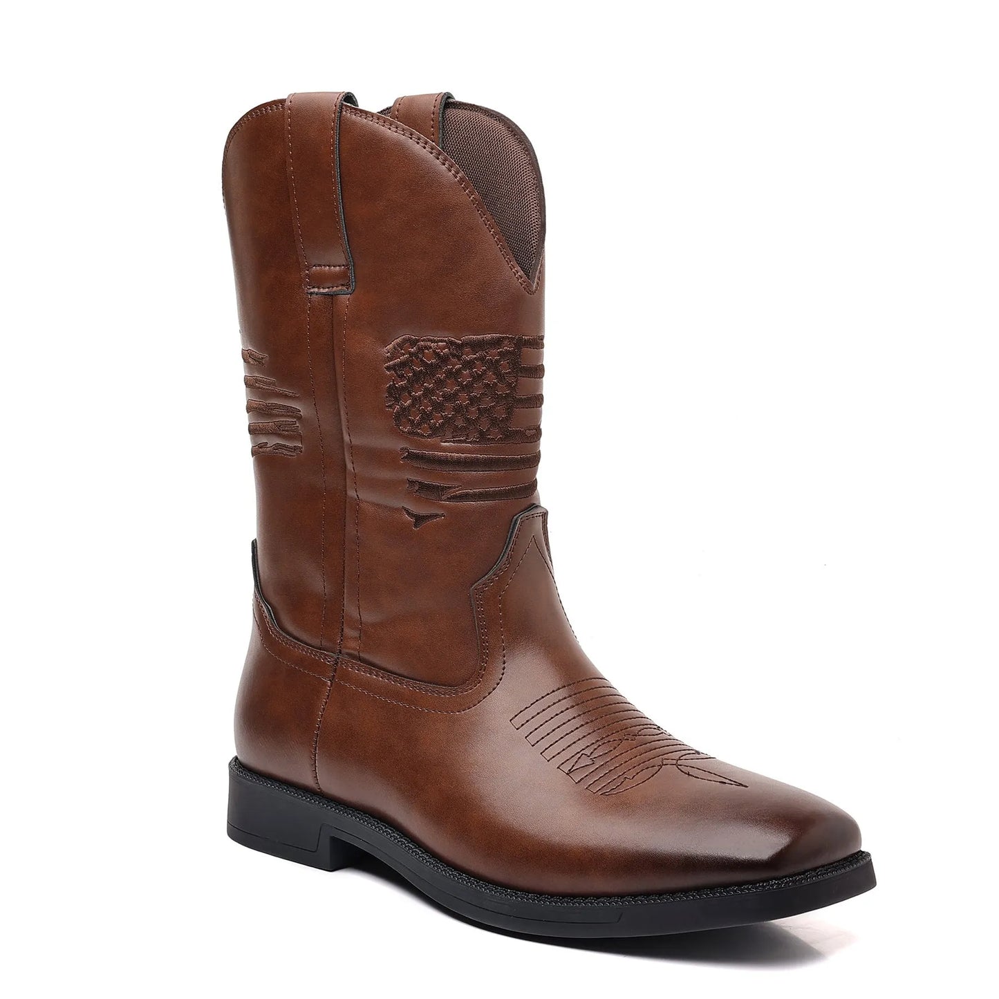 Men's brown retro wide square-toe cowboy boots with high shaft and horseshoe low heel on a white background.