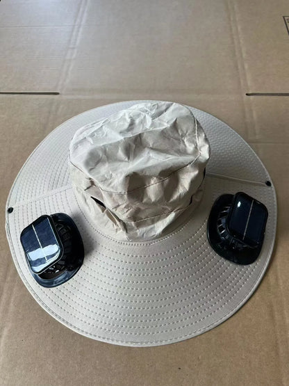 Men's grey solar fan cap with large peak and integrated cooling fans on the front.