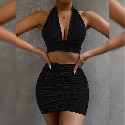 Elegant 2-piece dress suit featuring a halter lace-up top and pleated knee-length skirt in a variety of fashion colors