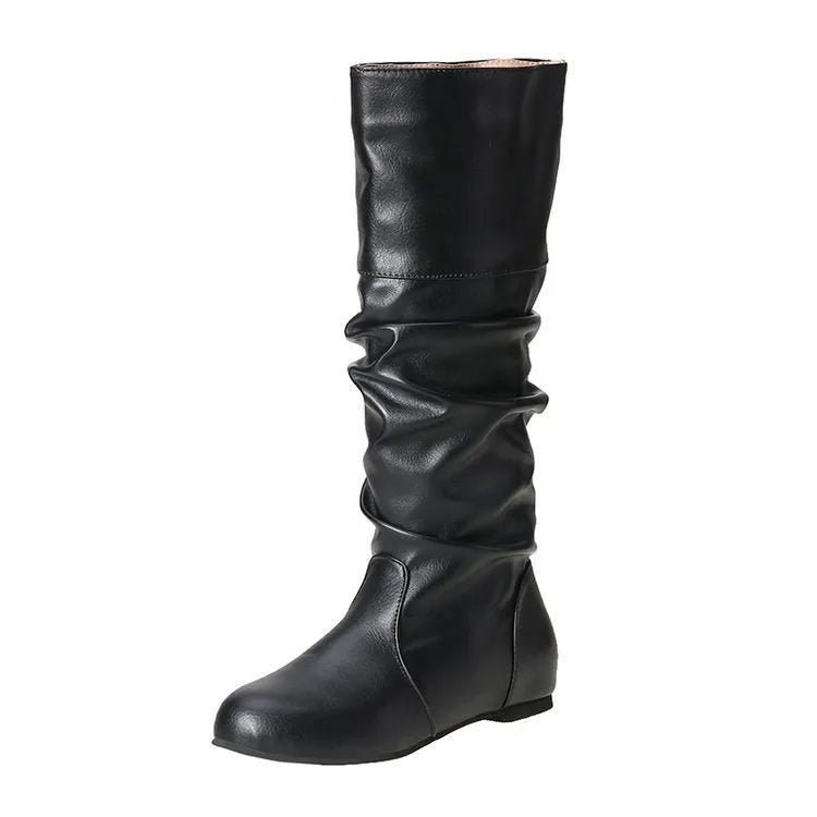 Women's flat heel long boots in black, slip-on style with a high cylinder shaft and rubber sole.