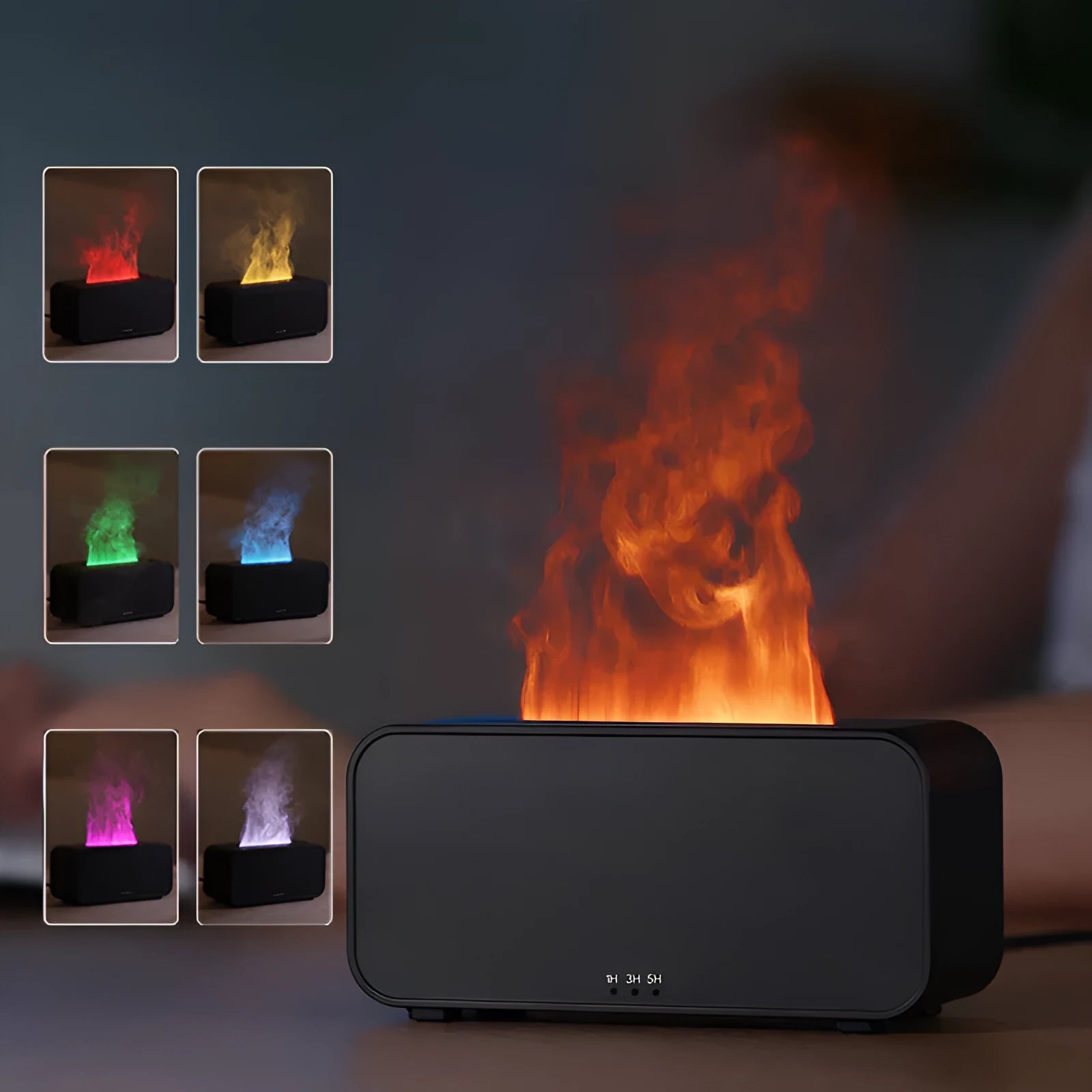 White USB aroma diffuser with glowing flame simulation and mist output on a wooden table.