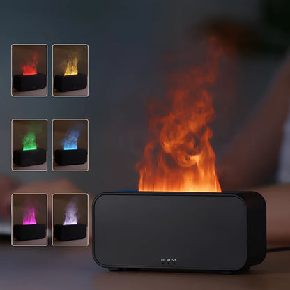 White USB aroma diffuser with glowing flame simulation and mist output on a wooden table.