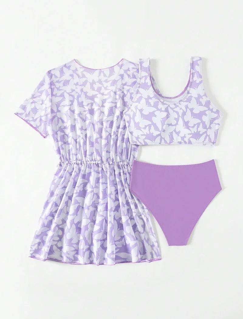 Three-piece girls swimsuit cover-up set in polyester with vest and pants for ages 8-12