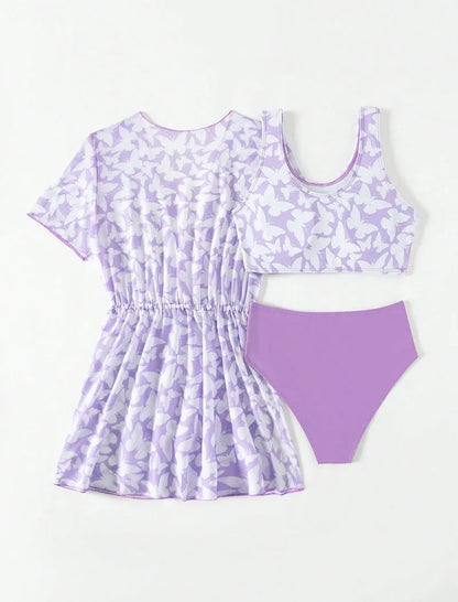 Three-piece girls swimsuit cover-up set in polyester with vest and pants for ages 8-12