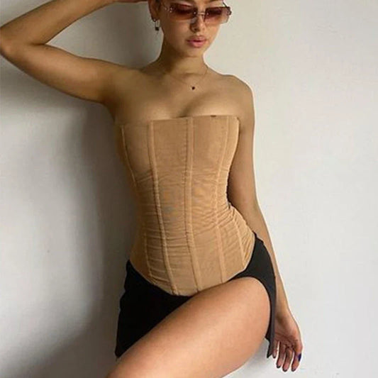 Sleeveless crop top for women with unique mesh and corset design, available in black, khaki, and white colors