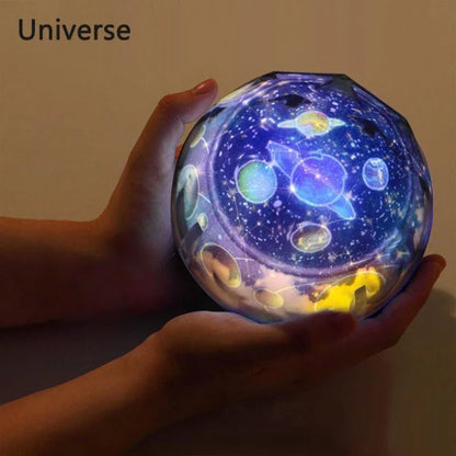 Celestial Lamp with rotating projection of stars, planets, and cosmic phenomena onto walls and ceiling