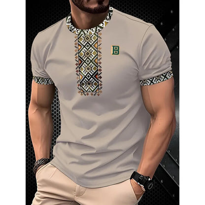 Men's loose fit digital printed T-shirt with striped pattern and short sleeves