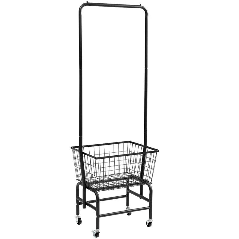 White freestanding mobile clothes rail with a single hanging rod, four casters, and an integrated pulley system.